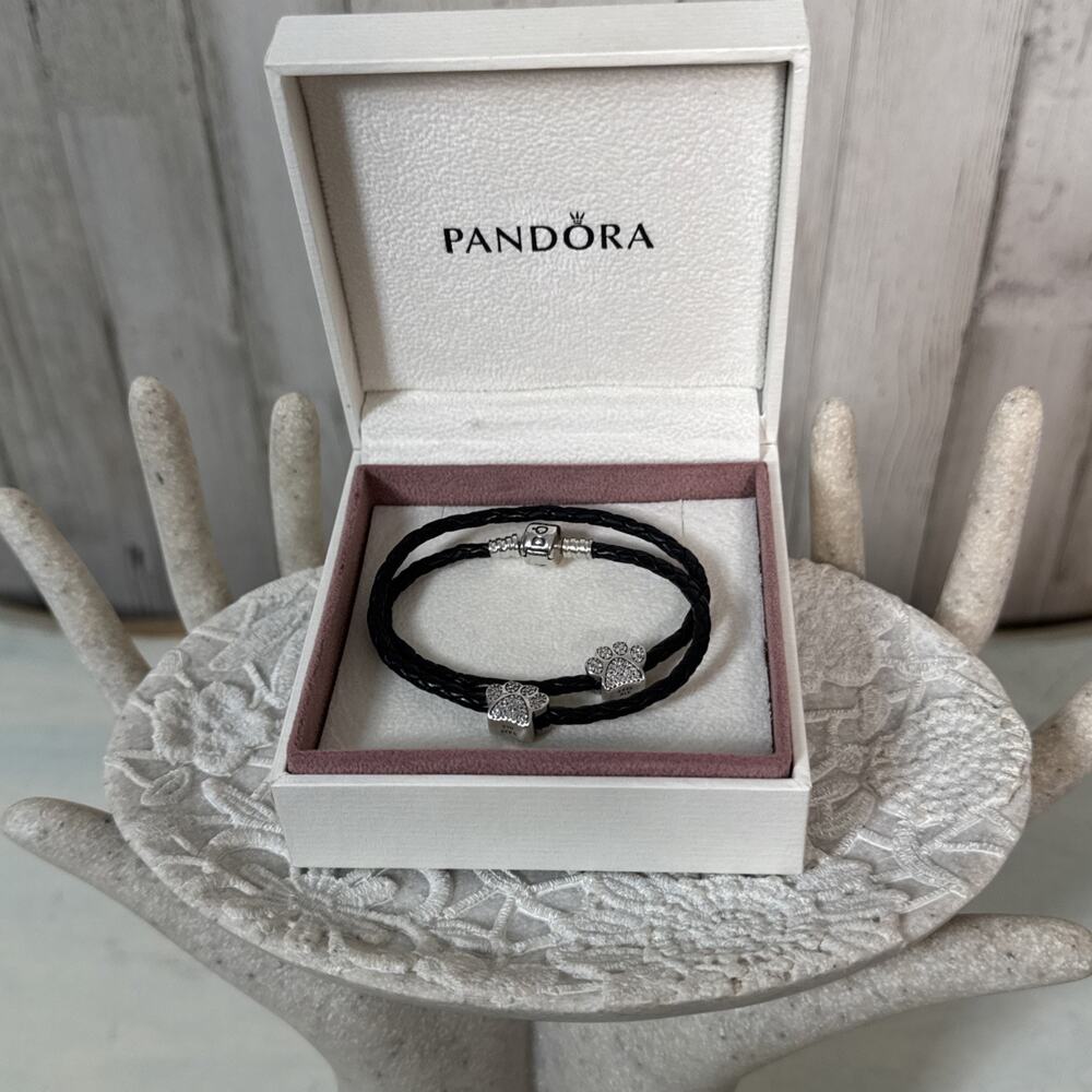 Pandora Leather Bracelet With Set Of 2 Pet Paws Charms With Crystals In Box